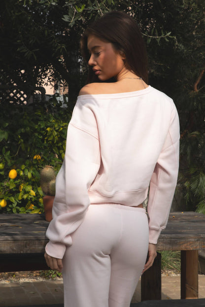 LANA Lightweight Cloud Fleece Off Shoulder Sweater
