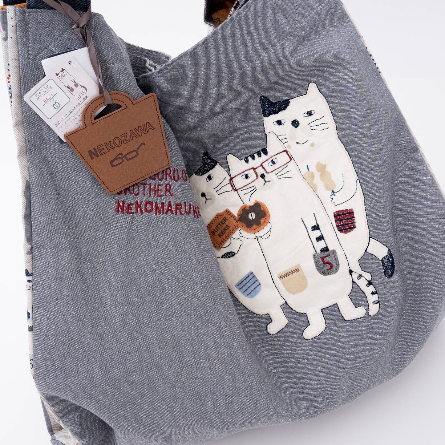 Kusuguru Japan Three Cats Embroidered Large Tote Bag - Gray