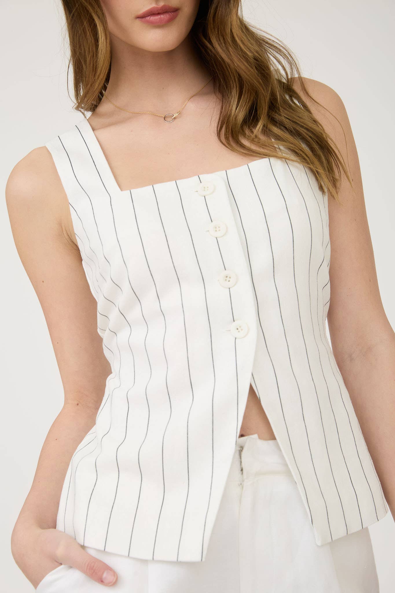 PINSTRIPE SQUARE NECK BUTTON FRONT VEST TOP