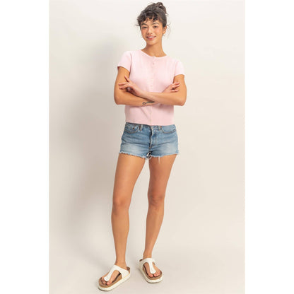 Button Front Short Sleeve Knit Top