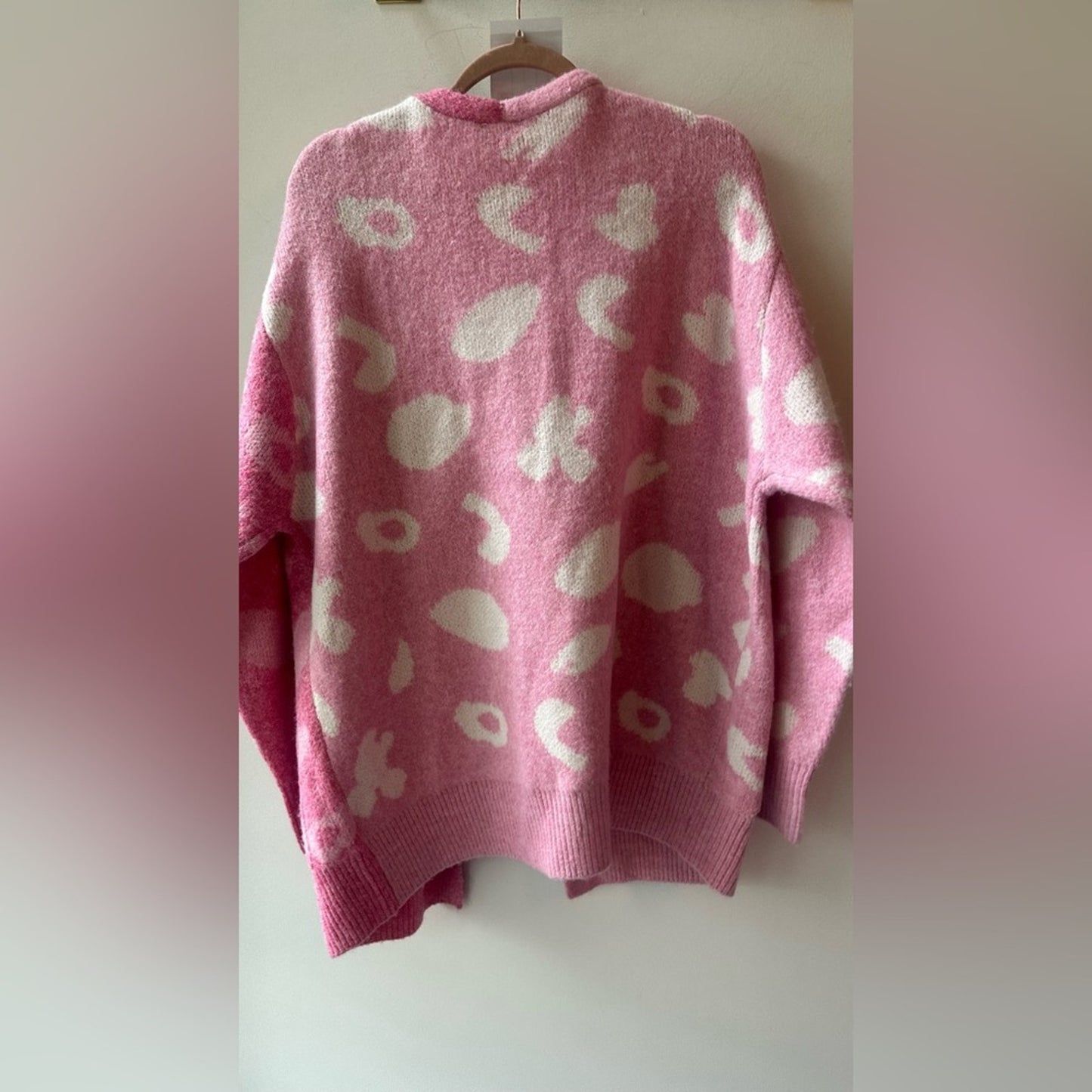 Pink Heart Print Open Front Cardigan, Size S | 1980