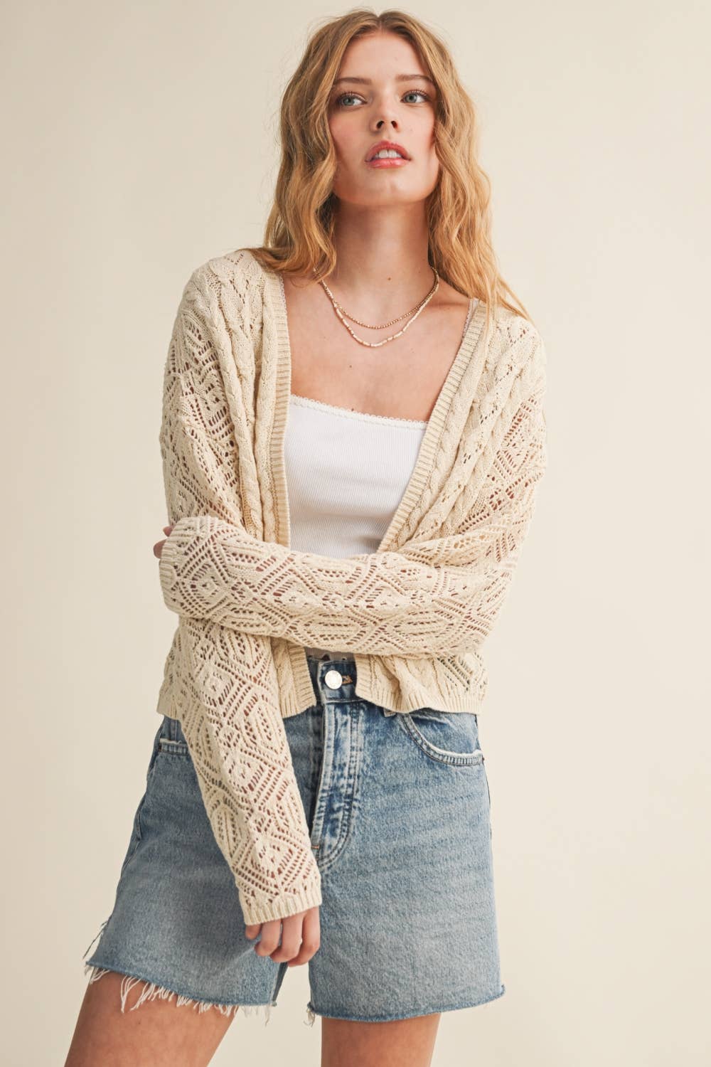 J6443   LIGHT WEIGHT CABLE KNIT CARDIGAN