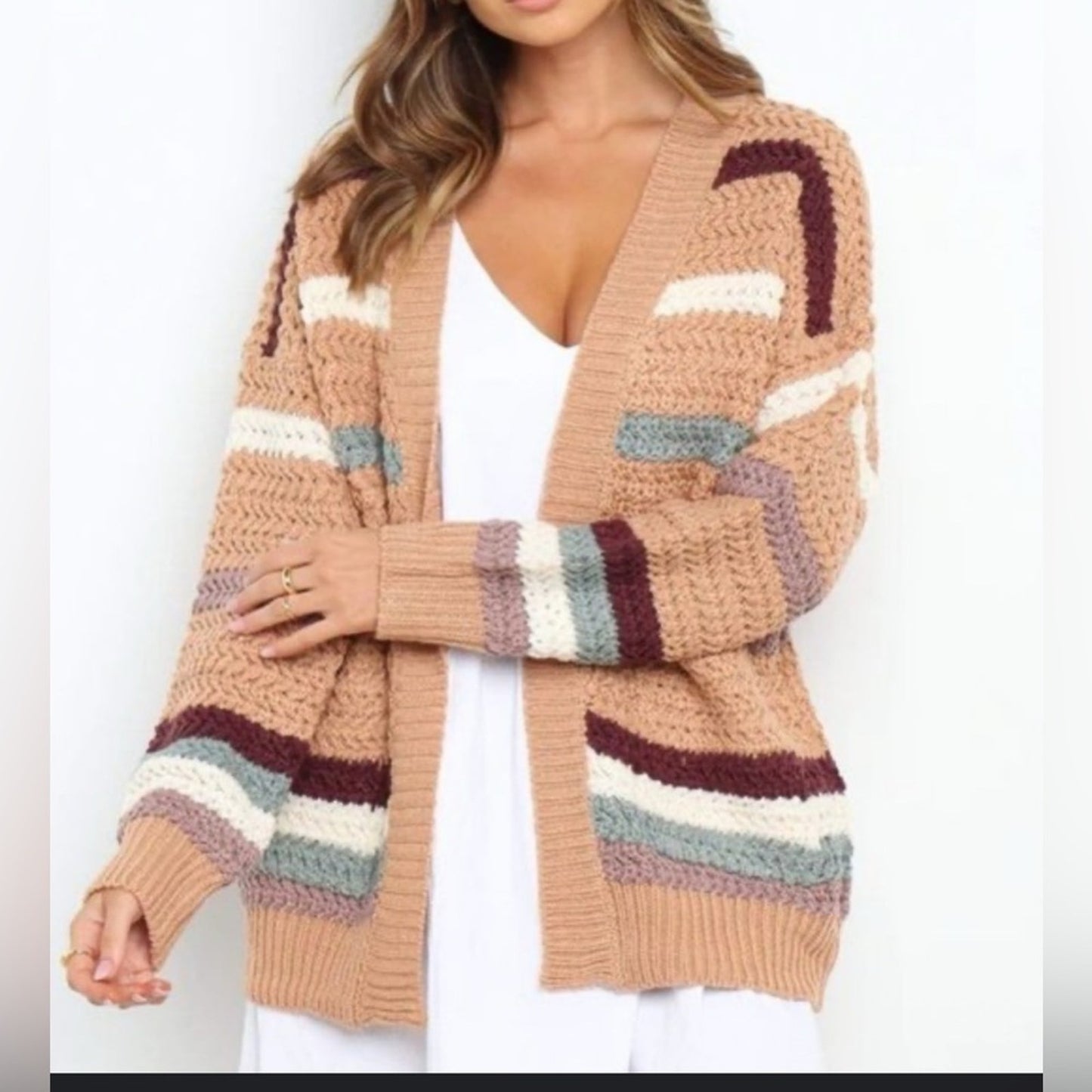 Cozy Stripe Chunky Knit Open Front Cardigan, Size S/M | 1283