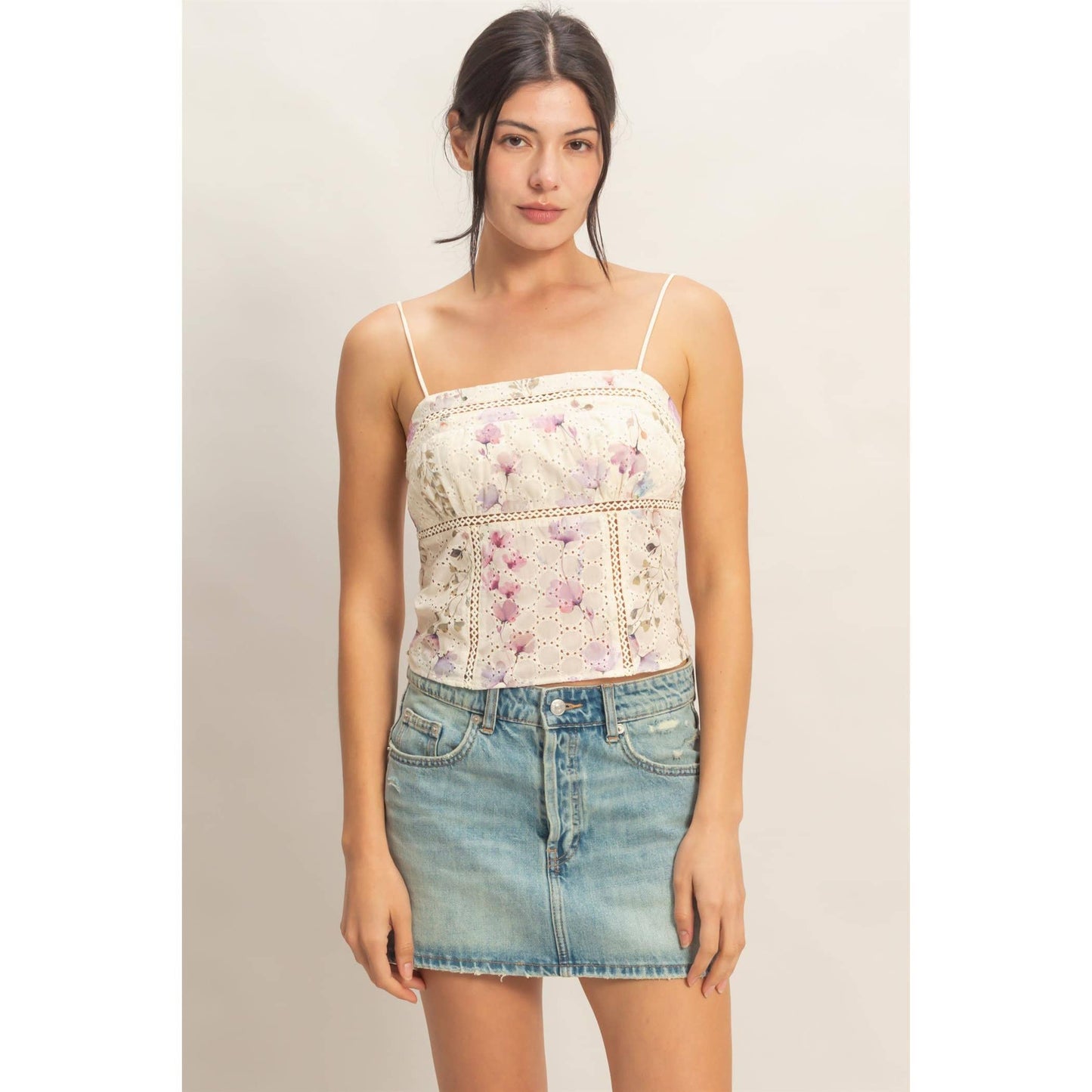 Lace Trim Floral Strap Tank