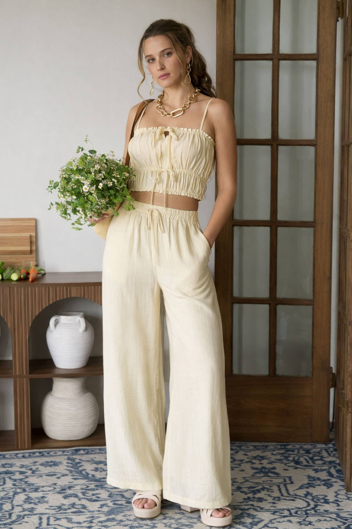 FRONT TIE CROPPED CAMI TOP AND WIDE LEG PANT SET