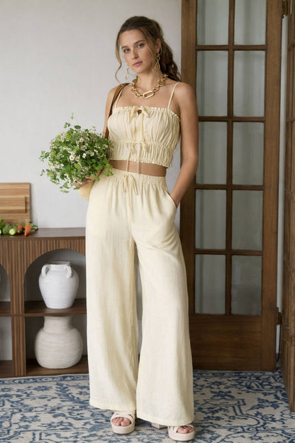 FRONT TIE CROPPED CAMI TOP AND WIDE LEG PANT SET