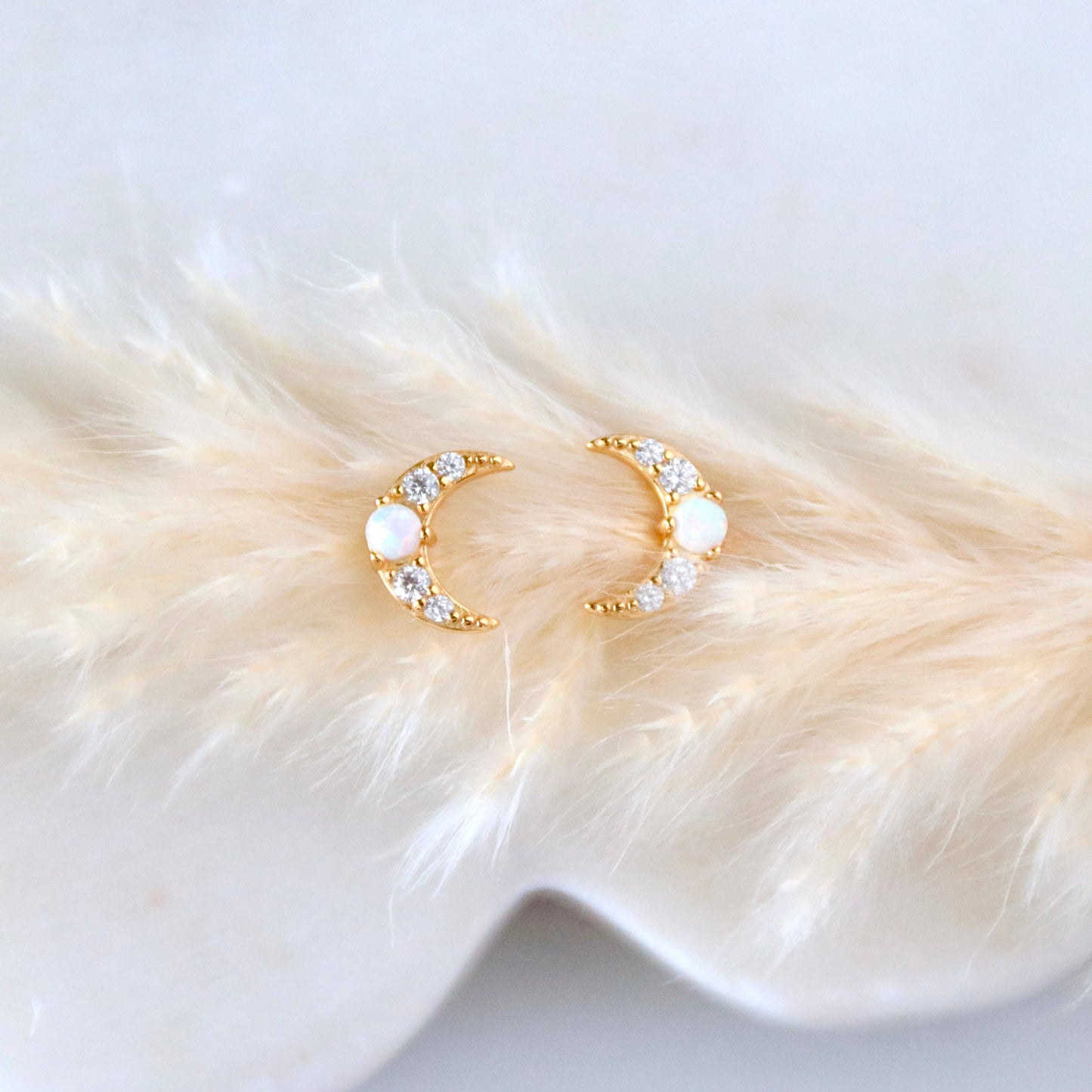 Opal Moon and Star Stud Earrings - Hypoallergenic