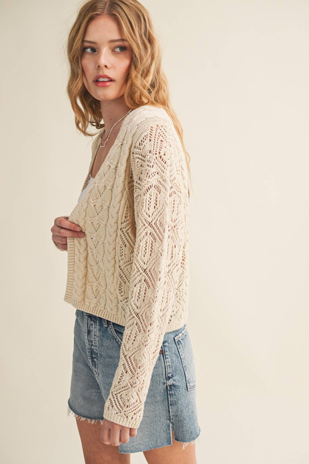 J6443   LIGHT WEIGHT CABLE KNIT CARDIGAN