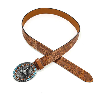 Retro Cowboy Leather Belt With Bull Head Buckle for Punk Style