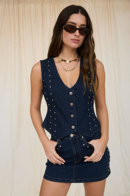 STUD DETAIL V NECK BUTTON DOWN DENIM VEST