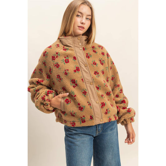 Floral Print Sherpa Zip Up Jacket