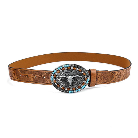 Retro Cowboy Leather Belt With Bull Head Buckle for Punk Style