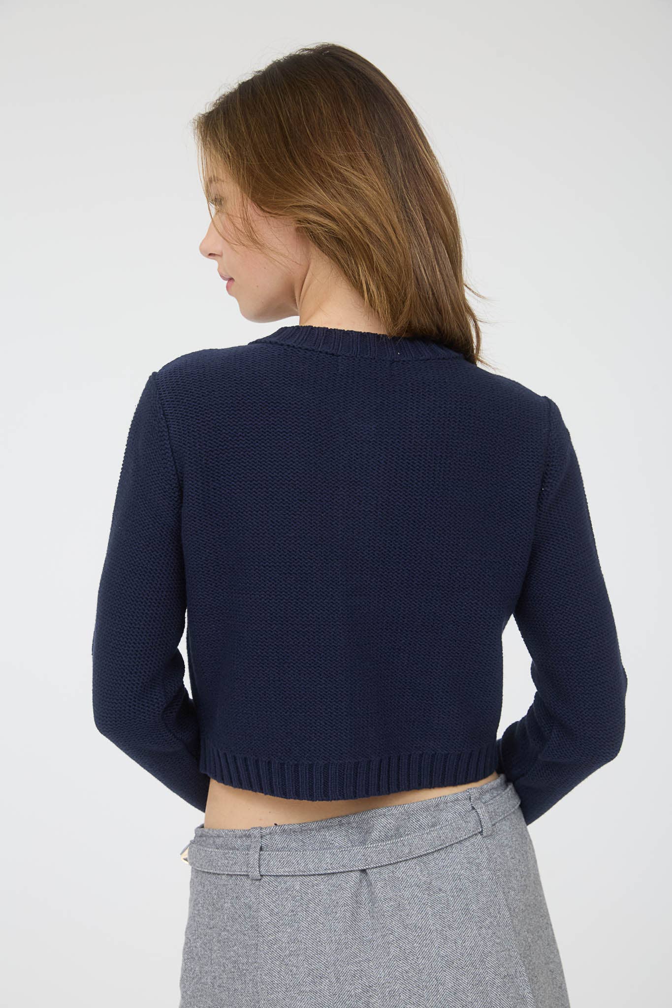 GOLD BUTTON RIBBED TRIM KNIT CARDIGAN SWEATER