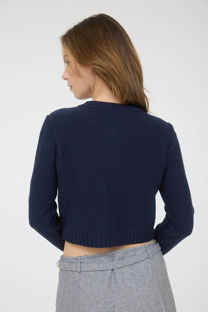 GOLD BUTTON RIBBED TRIM KNIT CARDIGAN SWEATER