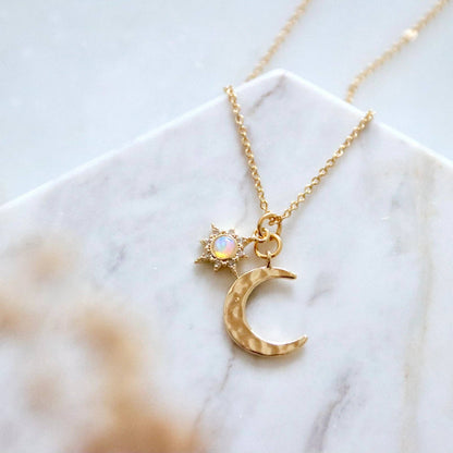 Hammered Moon and Opal Sun Necklace