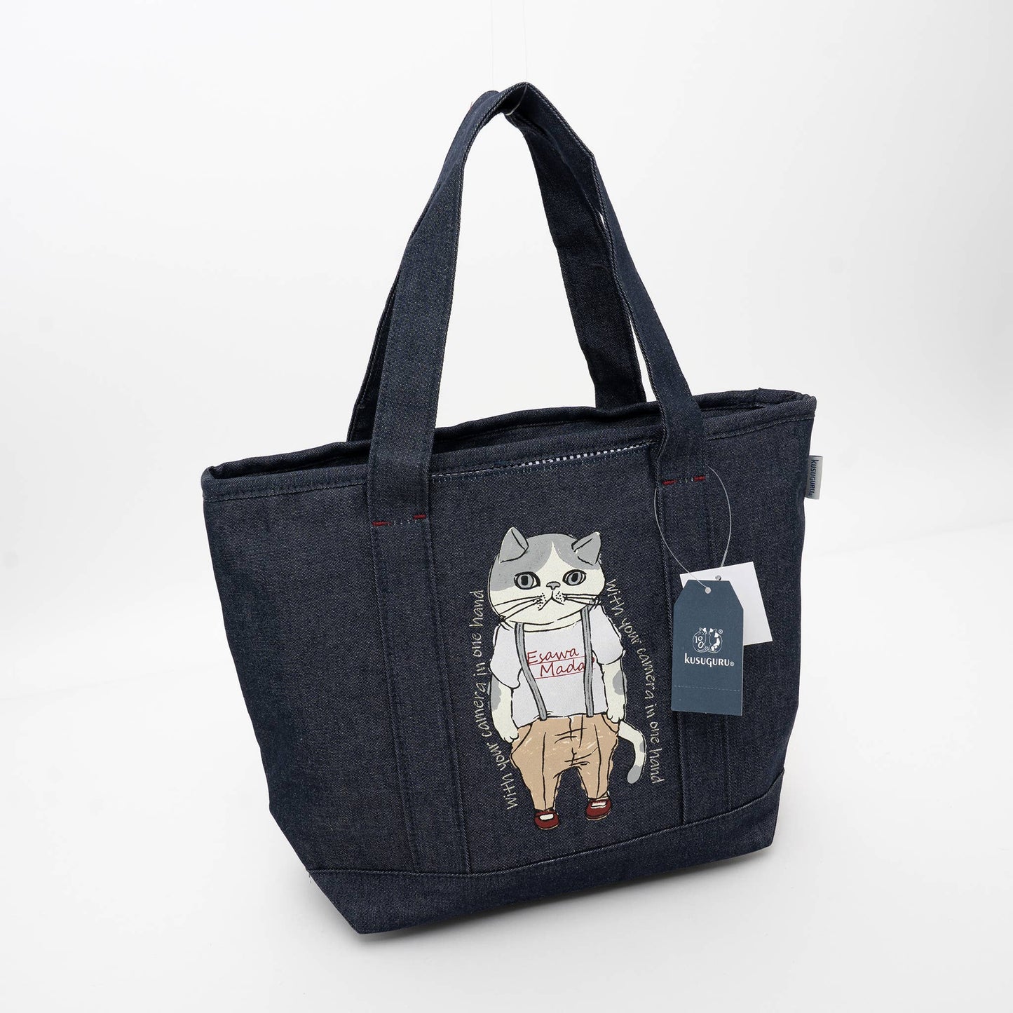 Kusuguru Japan Denim & Canvas Cat Tote Bag Dark Denim