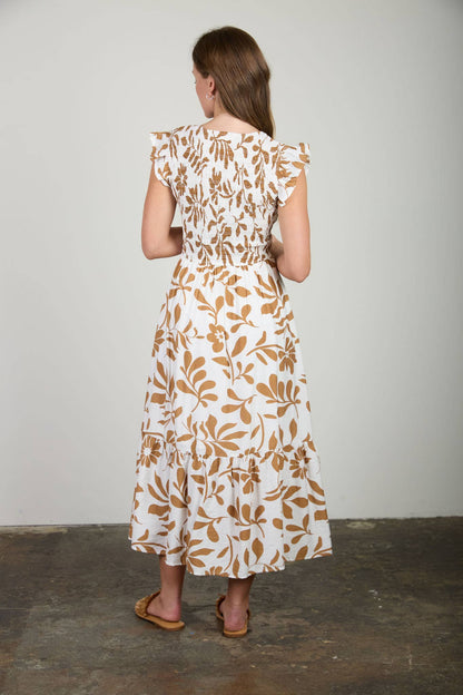 FLORAL LEAF PRINT SMOCKED MOCK BUTTON MIDI DRESS