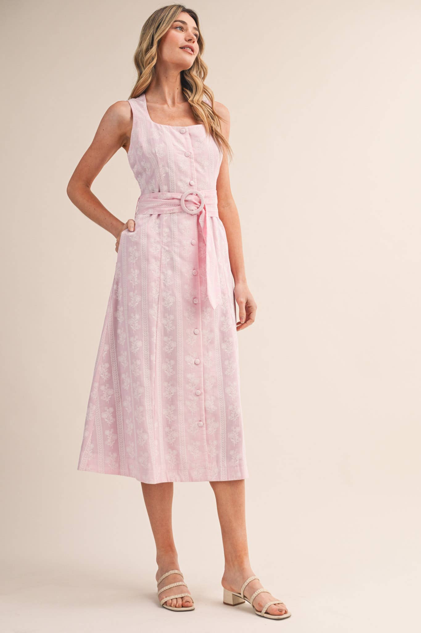 STRIPED FLORAL PRINT BUTTON DOWN BELTED MIDI DRESS MDR4811