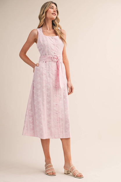 STRIPED FLORAL PRINT BUTTON DOWN BELTED MIDI DRESS MDR4811