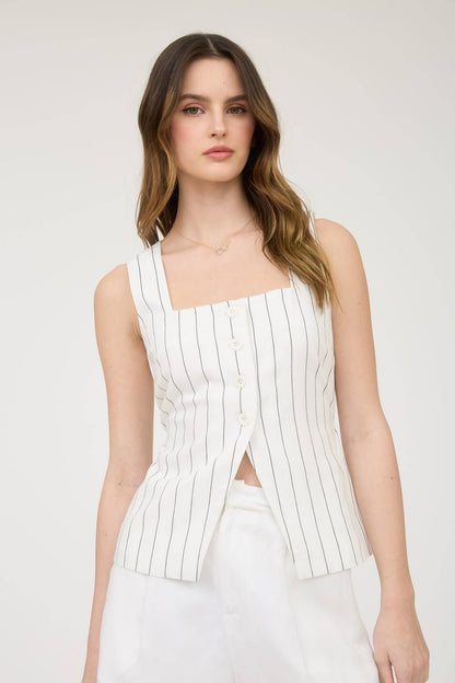 PINSTRIPE SQUARE NECK BUTTON FRONT VEST TOP