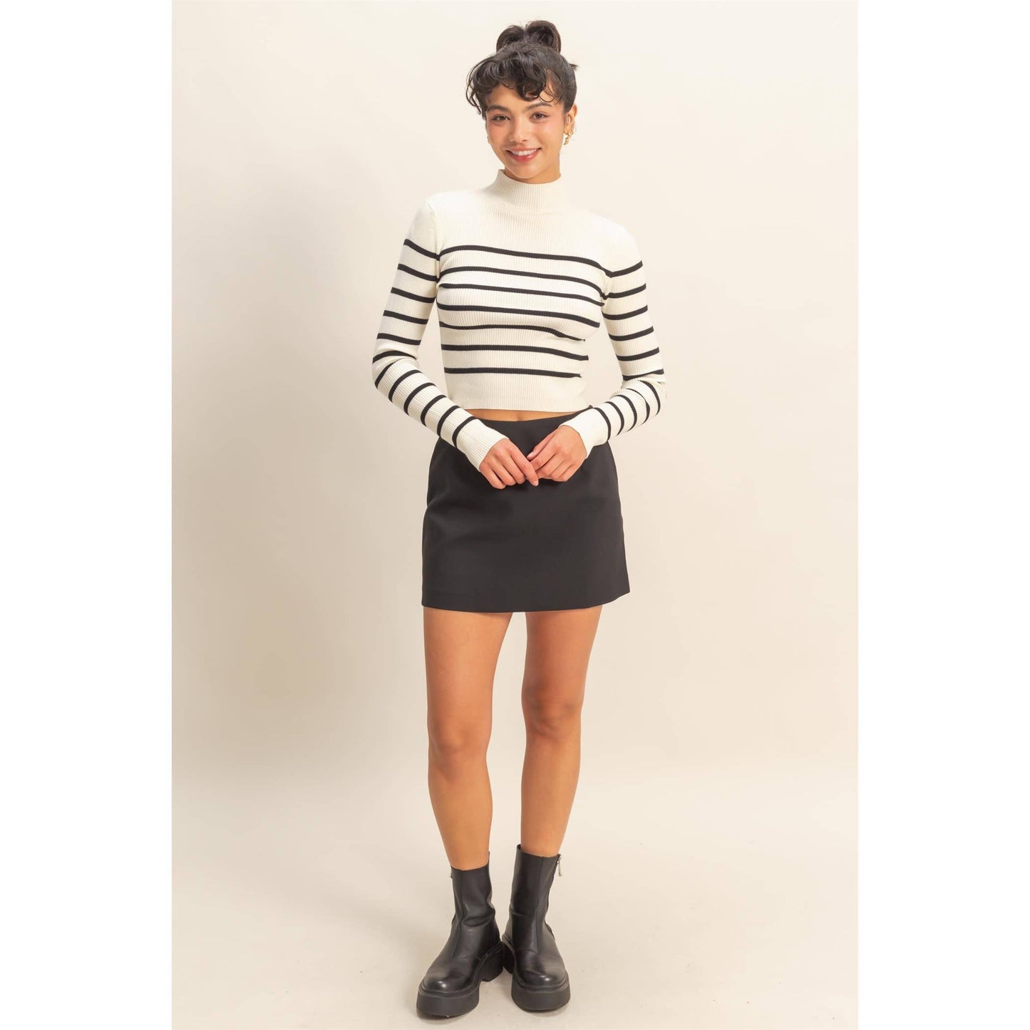 Striped Ribbed High Neck Cropped Knit Top