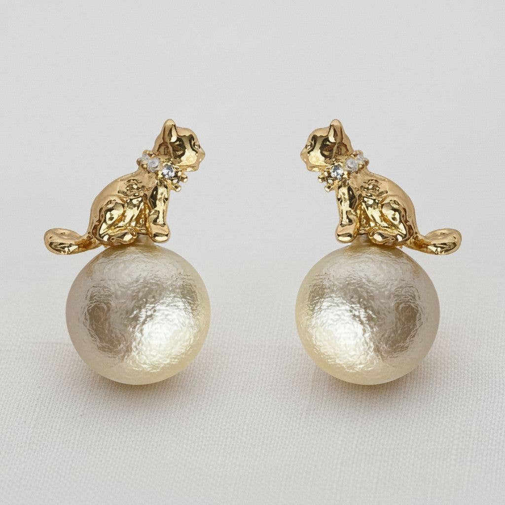 Artisan Egyptian Cat Pearl Stud Earrings