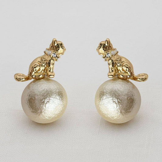 Artisan Egyptian Cat Pearl Stud Earrings