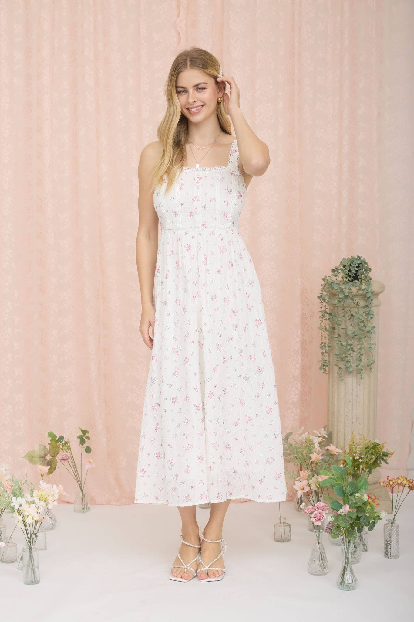 FLORAL STRIPE CLIP DOT SLEEVELESS MAXI DRESS