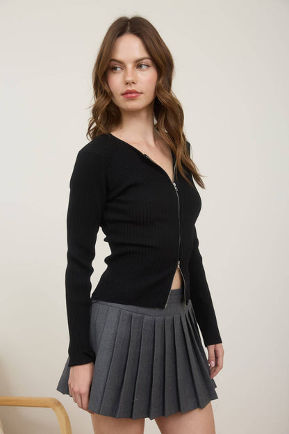 TWO-WAY ZIPPER LONG SLEEVE SWEATER KNIT CARDIGAN