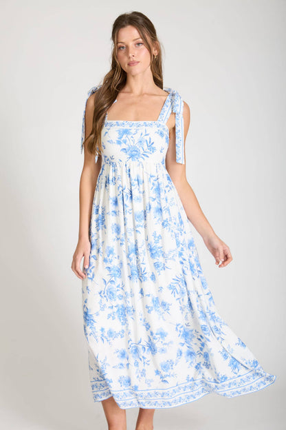FLORAL BORDER EMPIRE WAIST TIE STRAP MIDI DRESS
