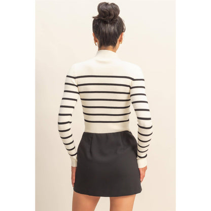 Striped Ribbed High Neck Cropped Knit Top