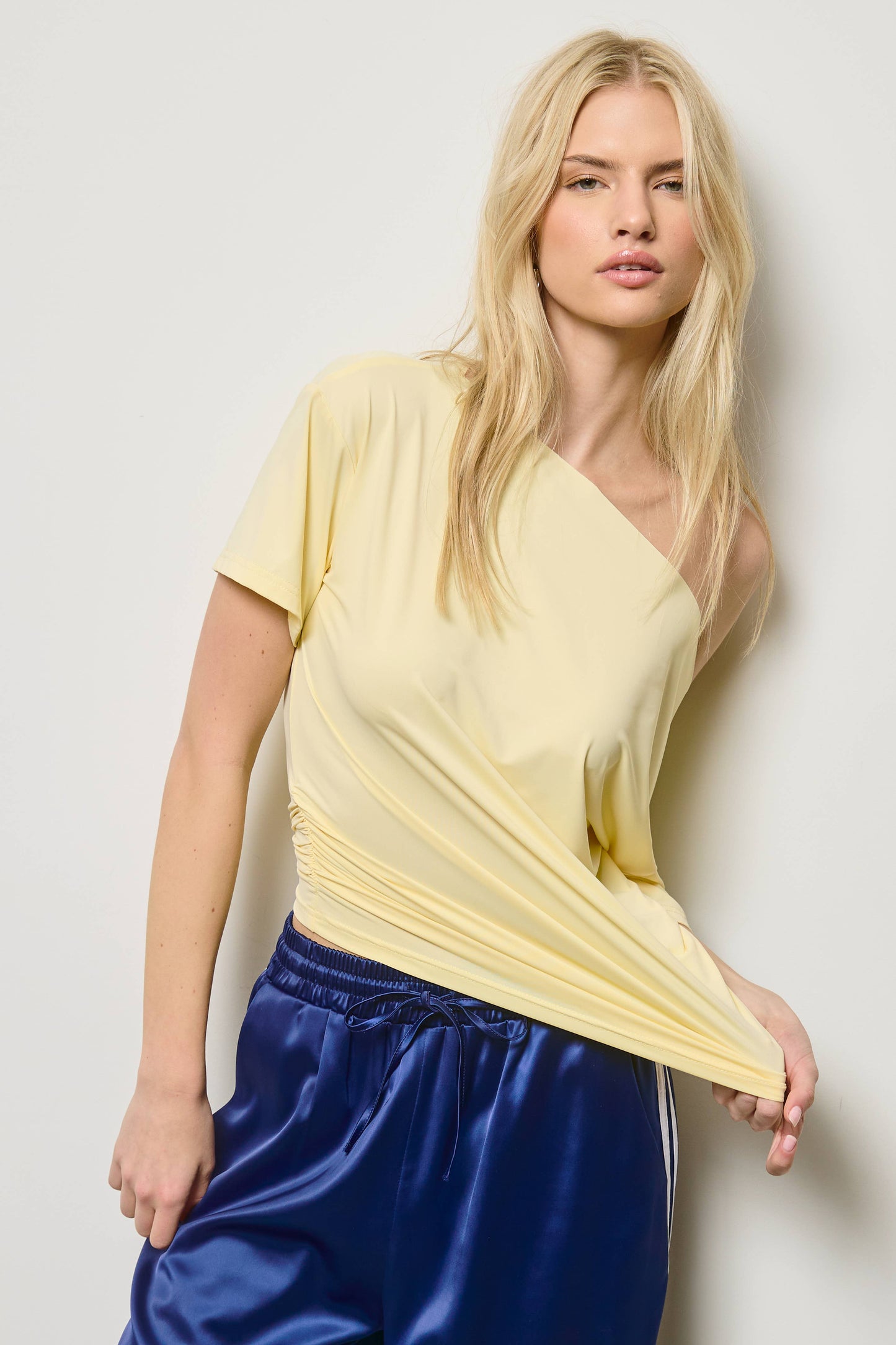 Ruched One Shoulder Short Sleeve Top