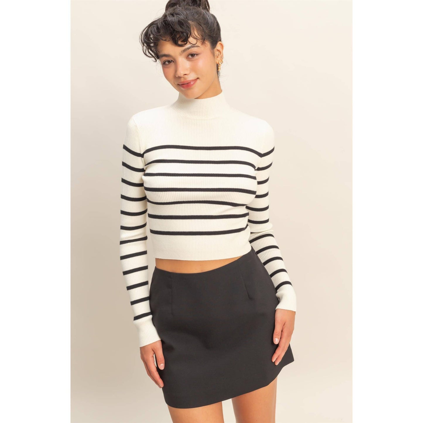 Striped Ribbed High Neck Cropped Knit Top