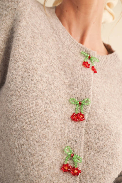BEADED BOW FLORAL BUTTON SWEATER CARDIGAN MSW11256