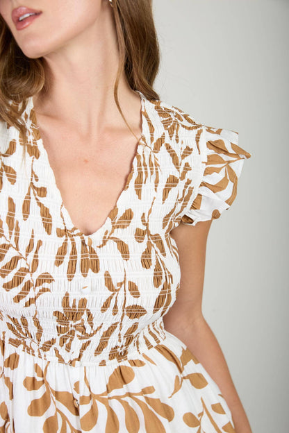 FLORAL LEAF PRINT SMOCKED MOCK BUTTON MIDI DRESS