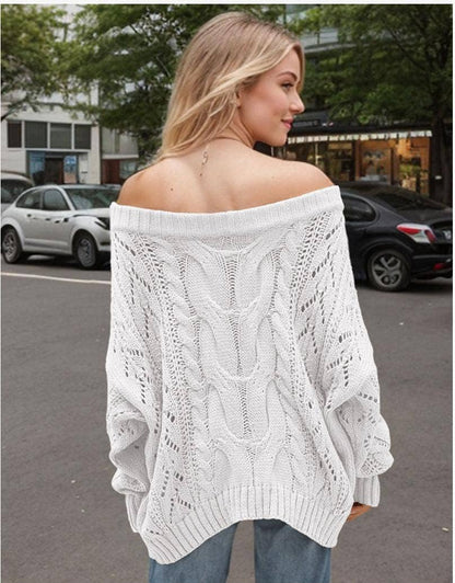 Off Shoulder Chunky Cable Knit Oversized Sweater Women