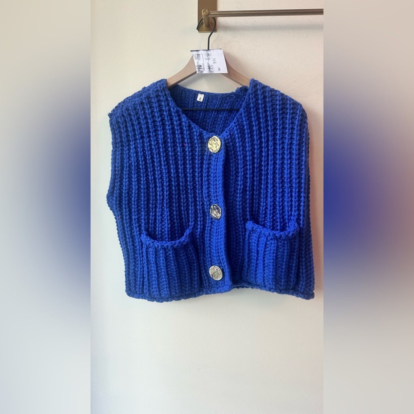 1330. Royal Blue Chunky Knit Button Front Vest, Size L