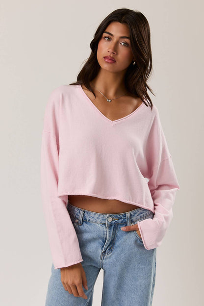 DROP SHOULDER V-NECK BOXY CROPPED SWEATER