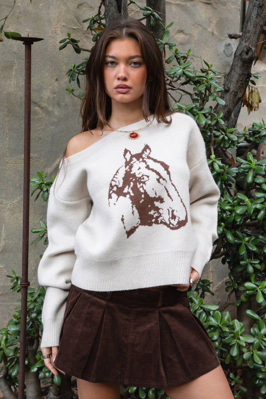 BRIDLEWOOD Wide Neck Intarsia Horse Knit Relaxed Sweater