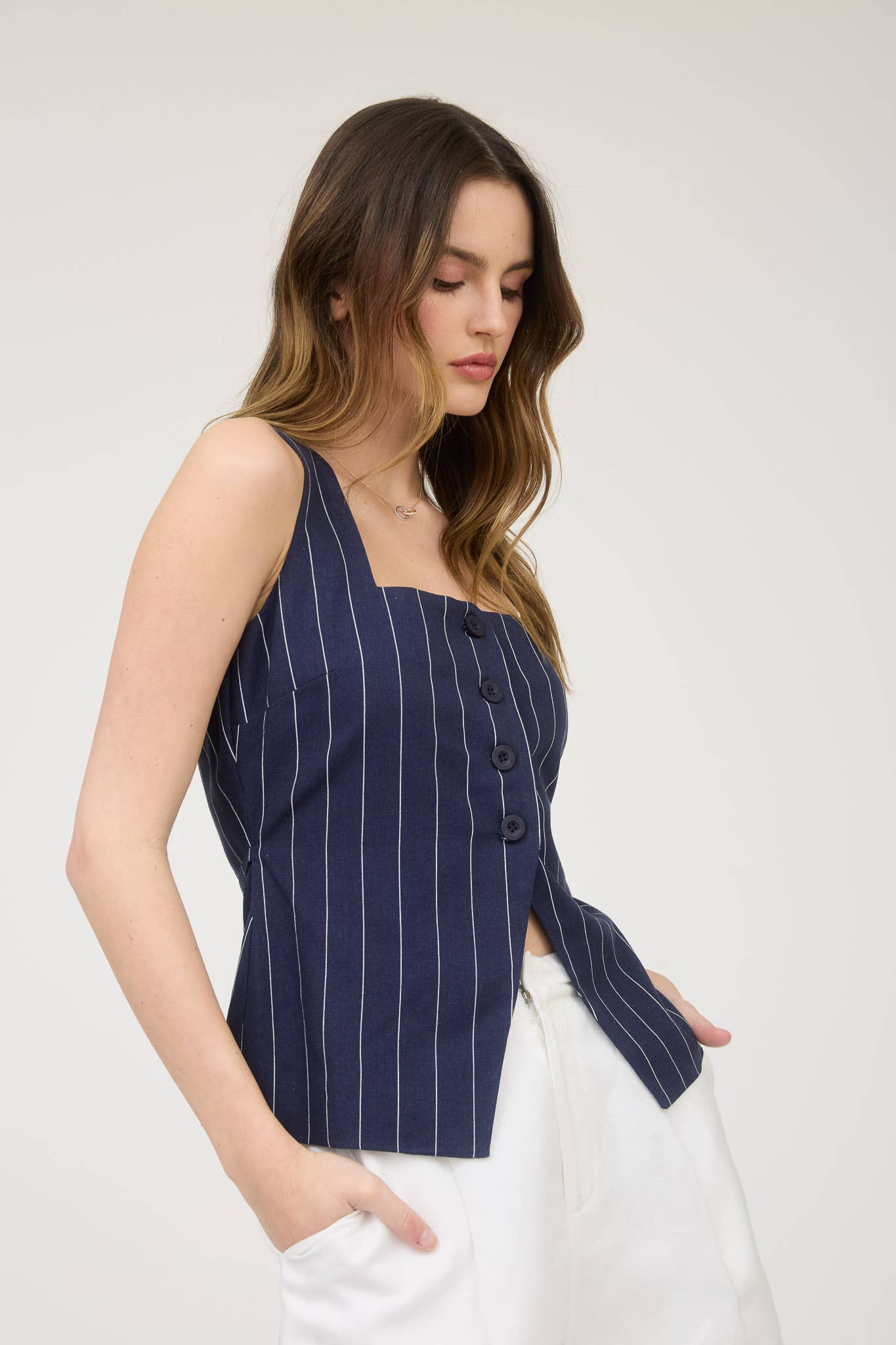 PINSTRIPE SQUARE NECK BUTTON FRONT VEST TOP