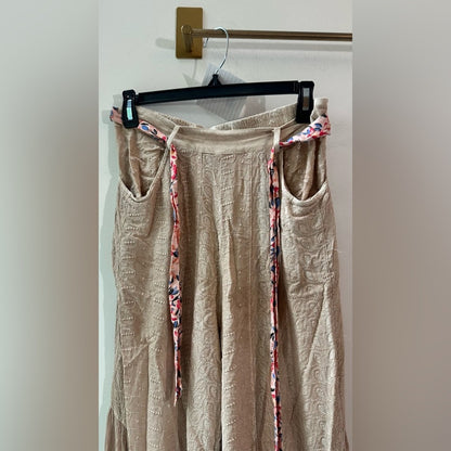 Patchwork Beige Embroidered Wide Leg Pants, Size S | 0838