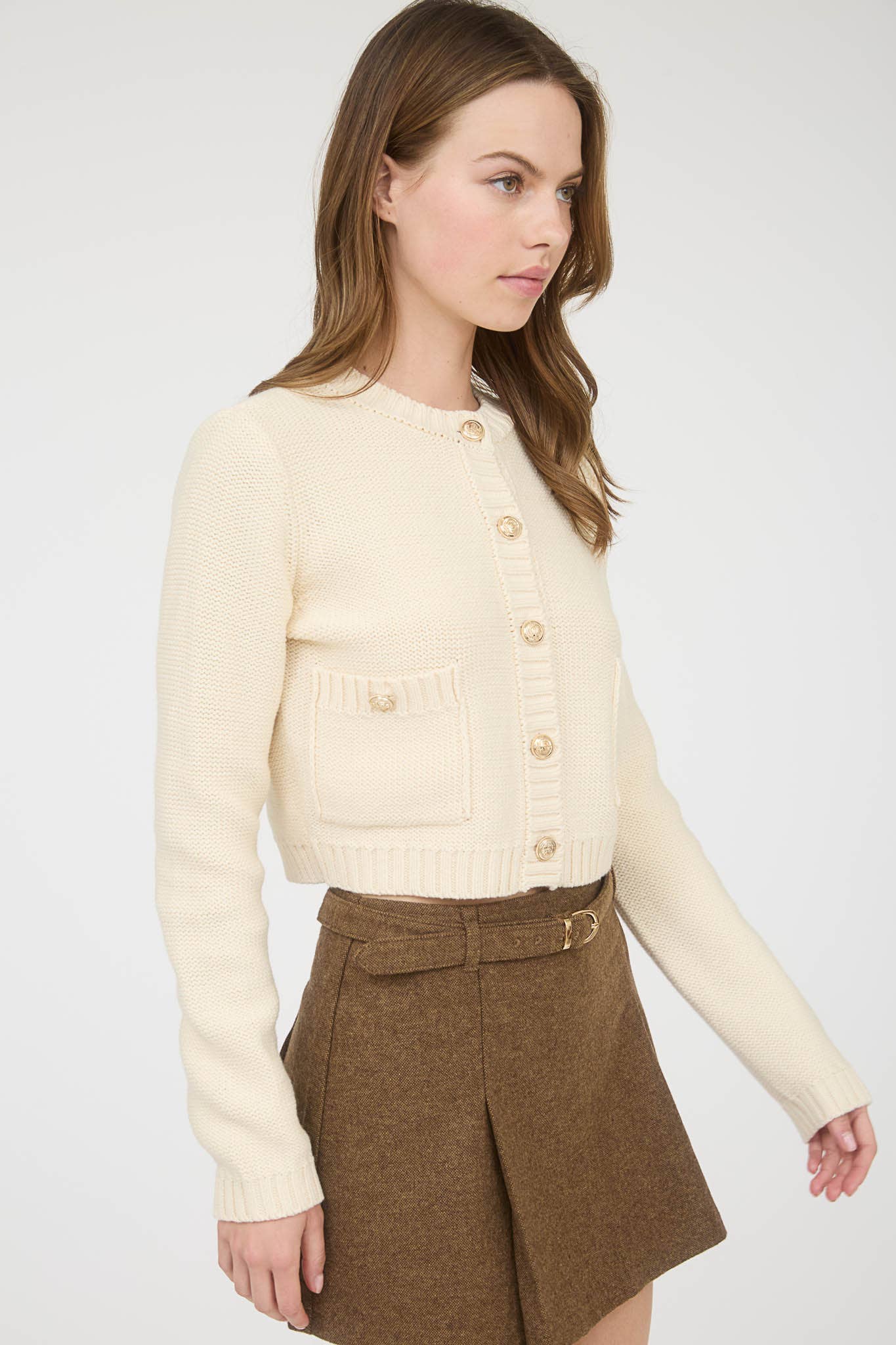 GOLD BUTTON RIBBED TRIM KNIT CARDIGAN SWEATER