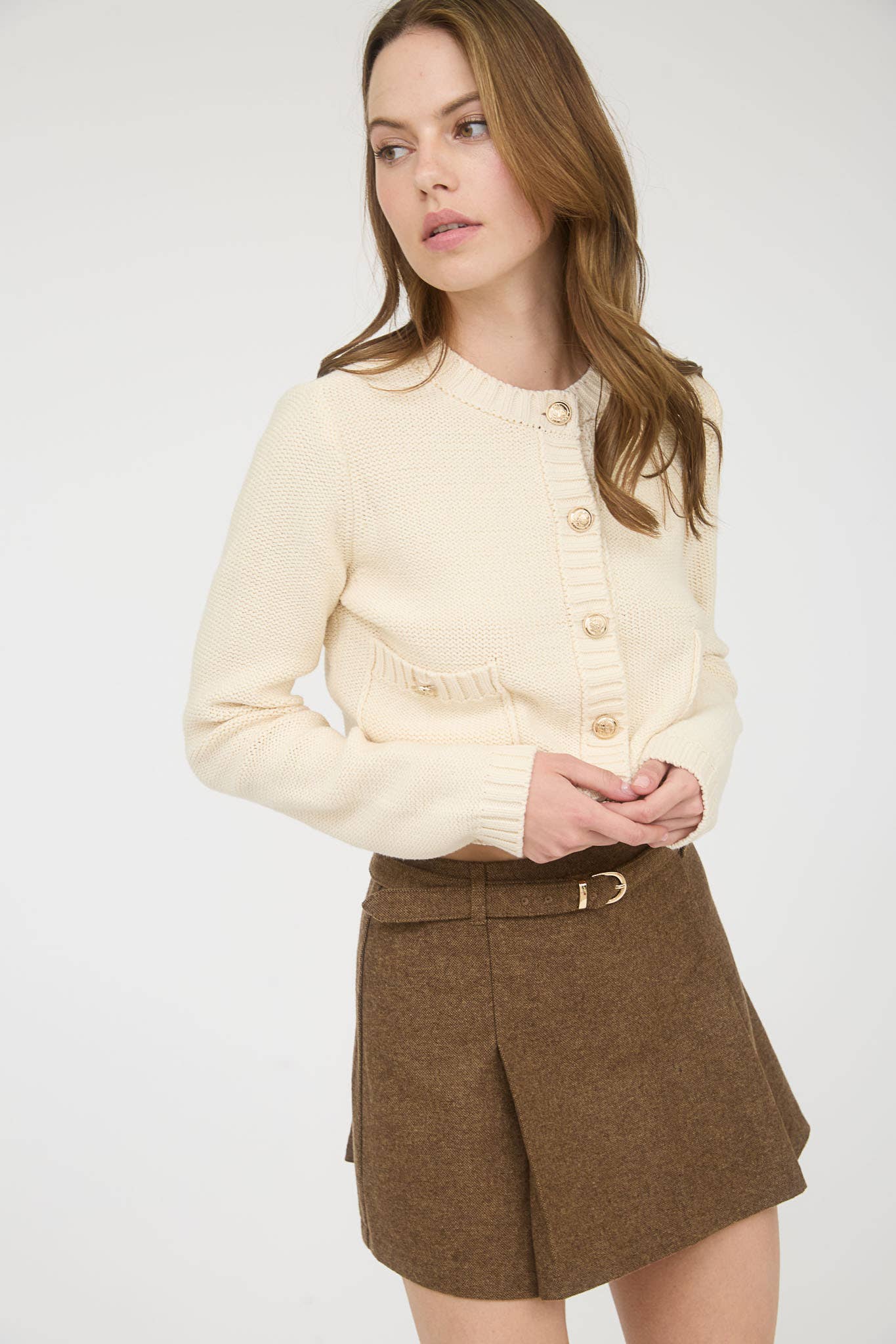 GOLD BUTTON RIBBED TRIM KNIT CARDIGAN SWEATER