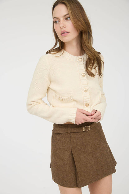 GOLD BUTTON RIBBED TRIM KNIT CARDIGAN SWEATER