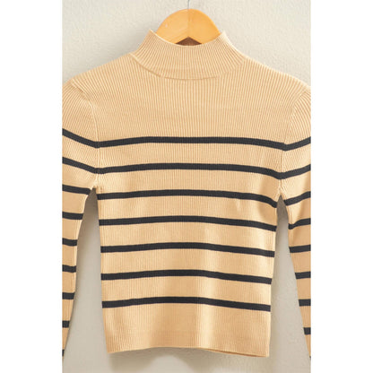 Striped Ribbed High Neck Cropped Knit Top