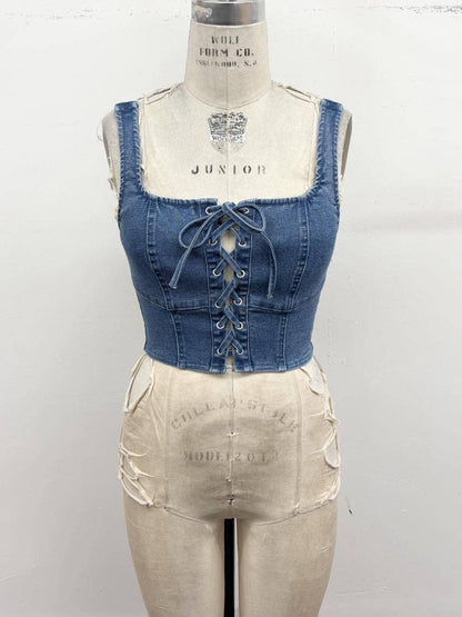 Lace-Up Denim Corset Crop Top