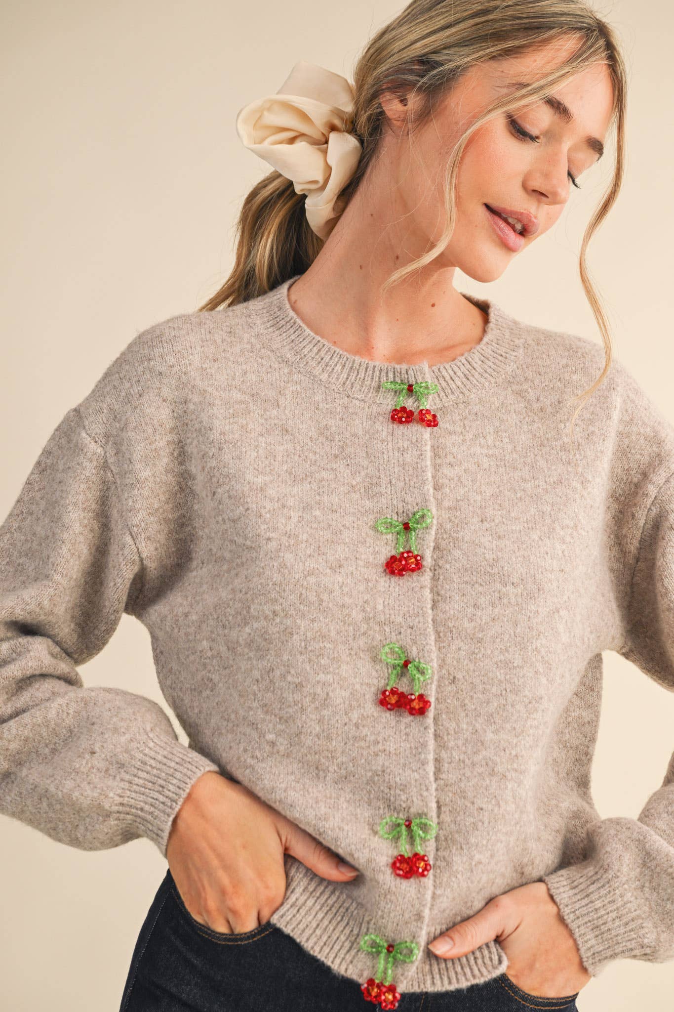BEADED BOW FLORAL BUTTON SWEATER CARDIGAN MSW11256