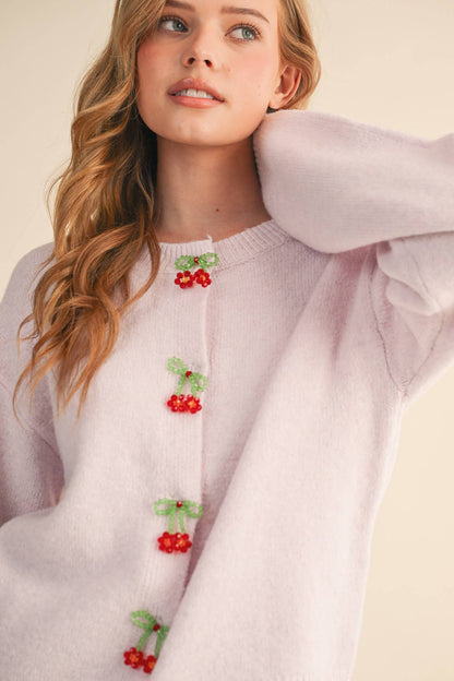 BEADED BOW FLORAL BUTTON SWEATER CARDIGAN MSW11256