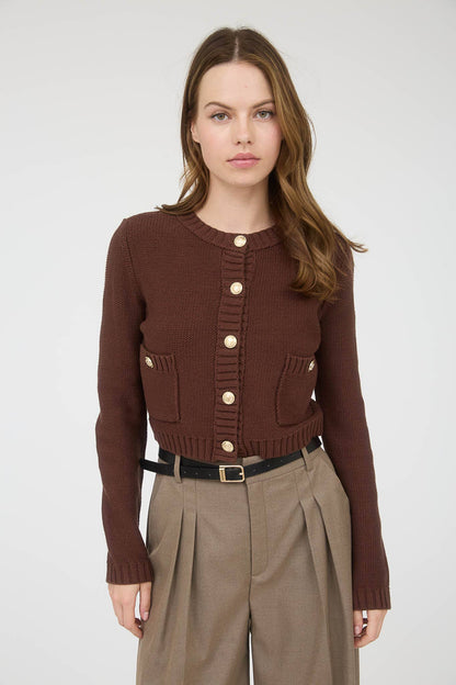 GOLD BUTTON RIBBED TRIM KNIT CARDIGAN SWEATER