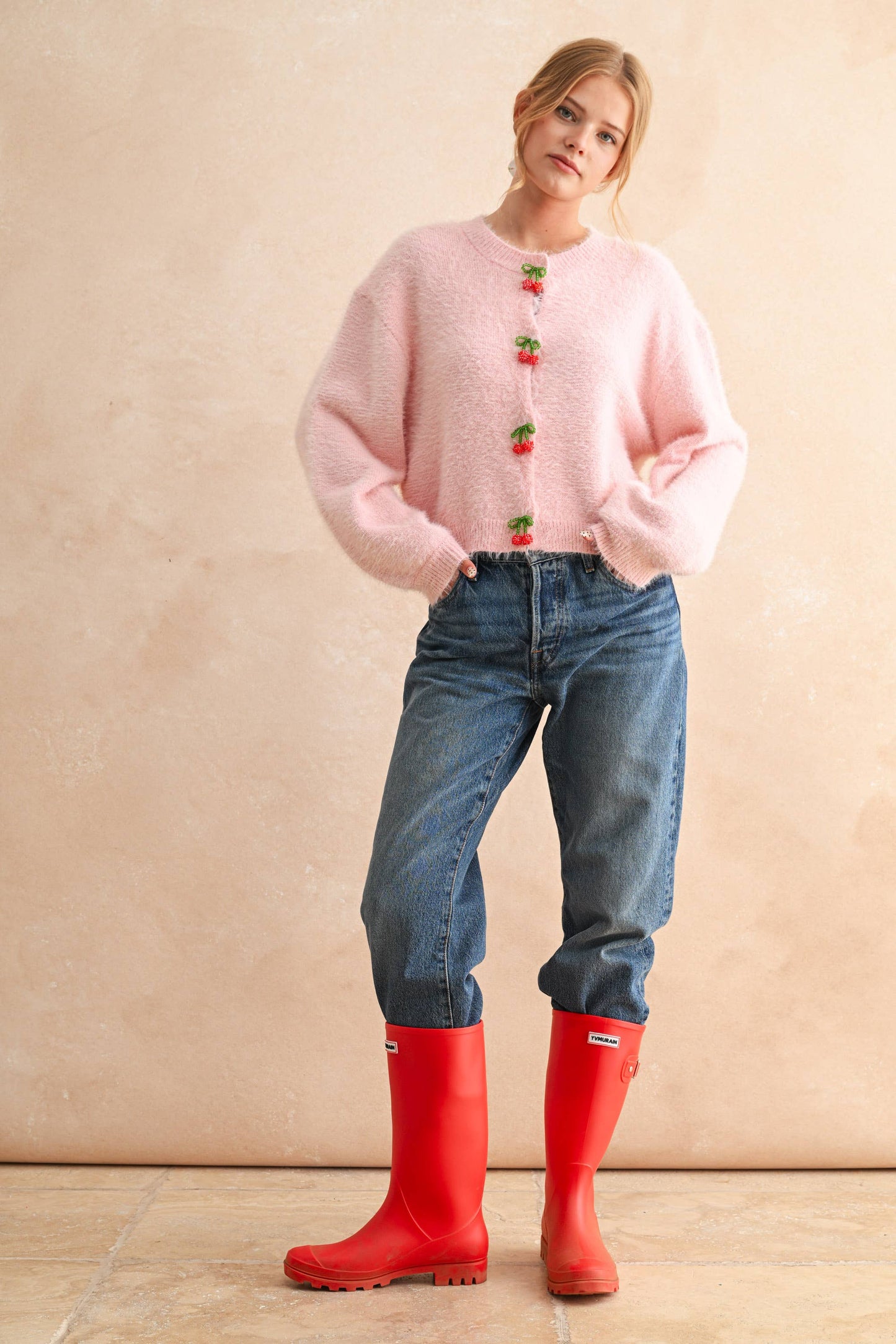 J5696   CHERRY BUTTON FRONT SOFT CARDIGAN